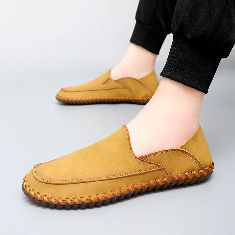 Men's Casual Loafers Hand-Stitched Microfiber Leather Driving Shoes With Gum Rubber Sole Soft Slip-On Flat Large Size Shoes