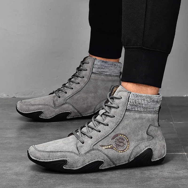 Botas Martin para Hombre Estilo Británico Cuero de Vaca Cuello de Calcetín de Punto Retro Casual Cordones Antideslizante