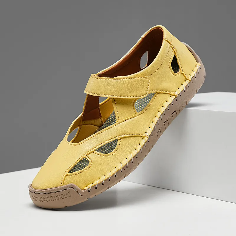 Women's Hollow-Out Genuine Leather Sandals Casual Breathable Flat Shoes Lightweight Non-Slip Loafers Velcro Walking Shoes