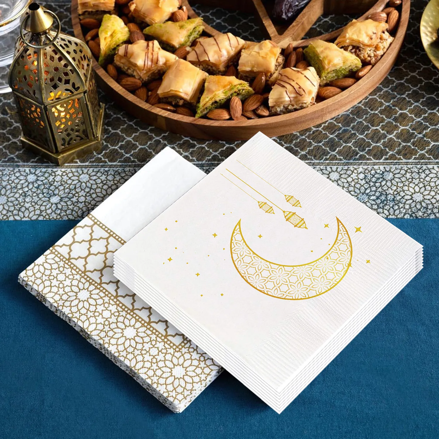 Servilletas Desechables Blanco Oro Papel Luna Linterna Doble Capa Ramadan Eid Fiesta Decoración