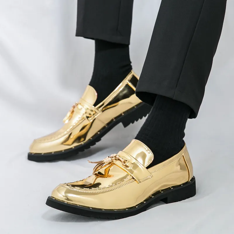 Men's Glossy Patent Leather Loafers Tassel Horsebit Buckle Business Casual Formal Party Slip On Dress Shoes British Style Trendy Low Top Men Shoes