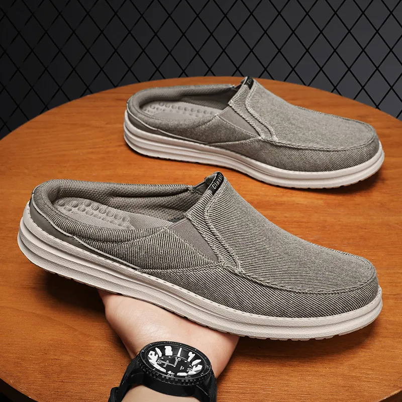 Mocassins en Toile Décontractés pour Hommes Mules Sans Lacets Été Respirants Légers Chaussures de Conduite Tige en Toile Semelle en Caoutchouc Couleur Unie pour Hommes