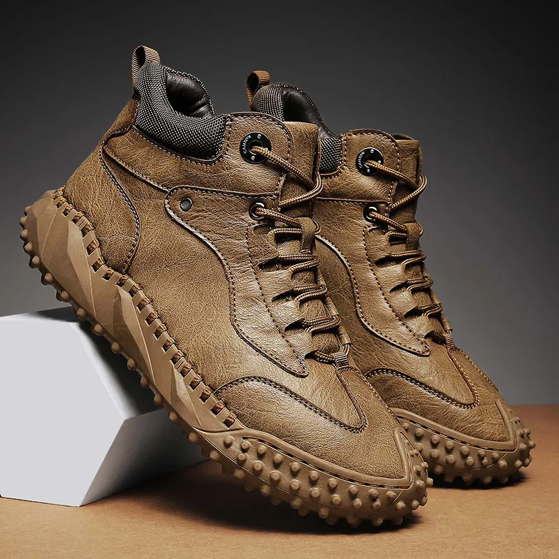 Men Microfiber Leather Martin Boots High Top Lace-Up Non-Slip Hiking Shoes British Style Handcrafted Outdoor Footwear