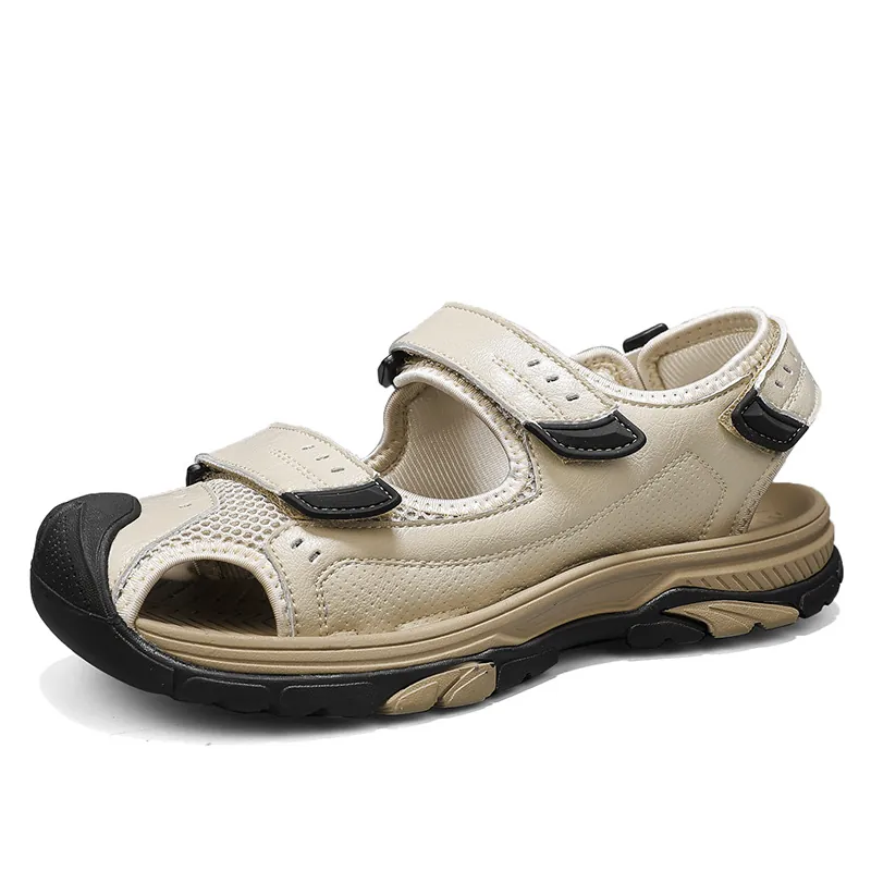 Sandales Décontractées Outdoor Bout Fermé Homme Respirant Cuir de Vache Chaussures de Randonnée Antidérapant Plage Sport Été Velcro