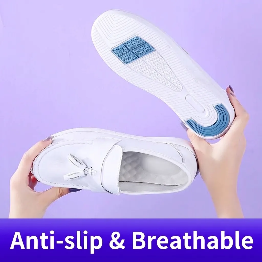 Women Cowhide Leather Nurse Shoes Slip Resistant Platform Loafers Soft Sole Professional Medical Work Shoes Tassel White Black