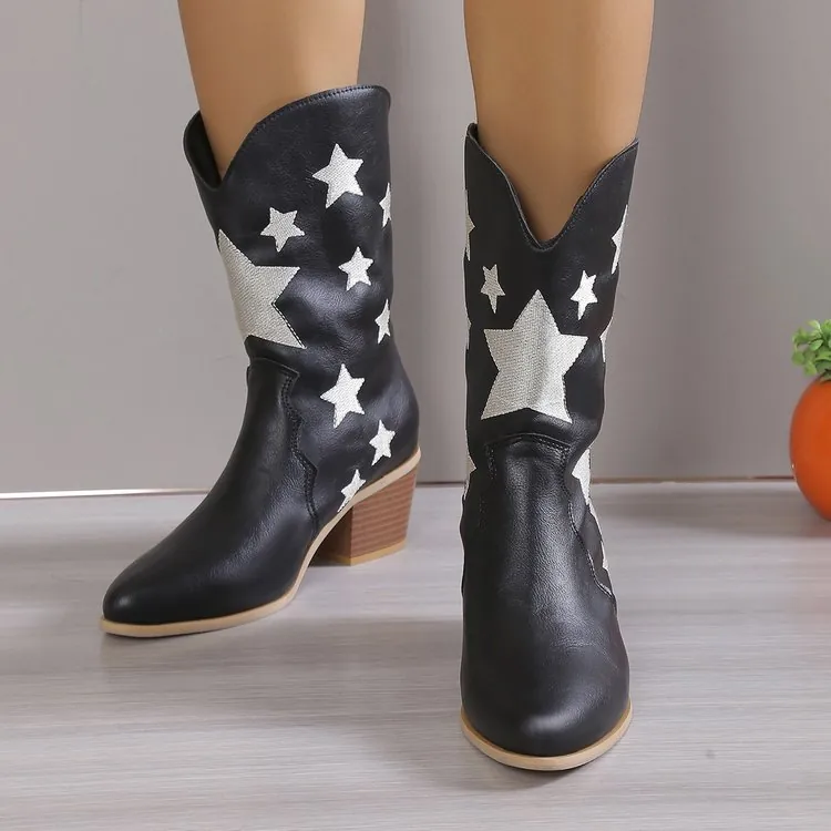 Women's Western Knight Boots Pointed Toe Mid Heel Star Embroidery PU Leather Cowboy Mid-Calf Boots Autumn Fashion