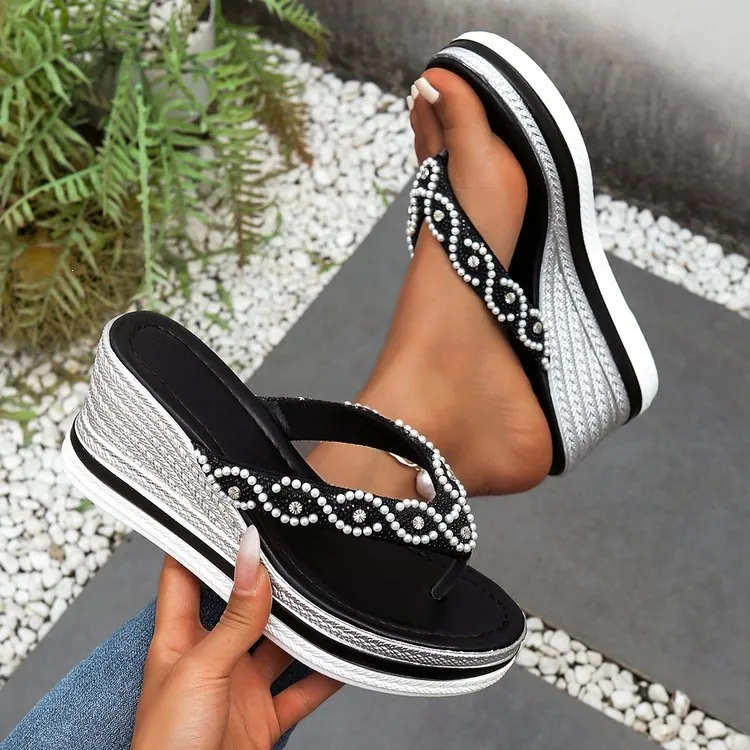 Dames Zomer Sleehak Plateau Slippers Strass Kunstparel Zehentrenner Sandalen Hoge Hak Plateau Slippers
