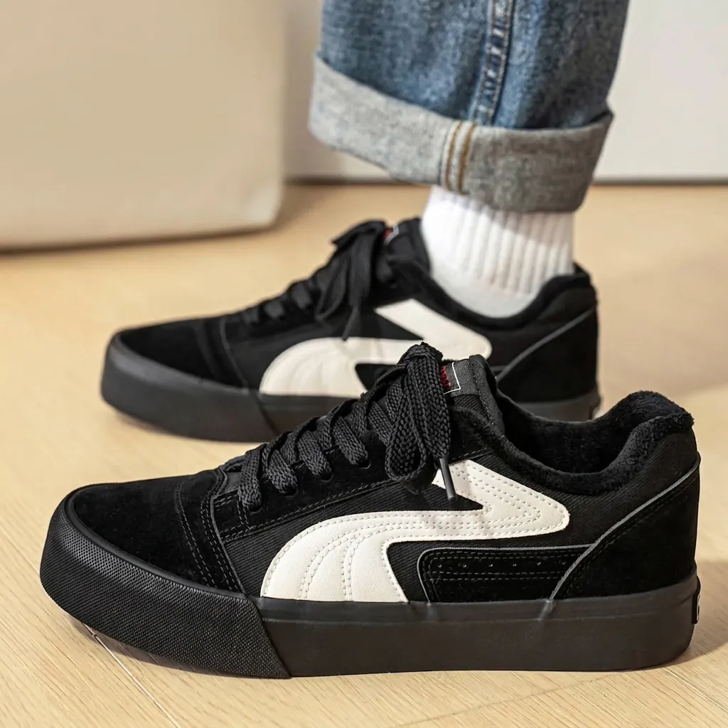 Heren Winter Fleece Gevoerde Canvas Sneakers Casual Retro Kleurblok Skateschoenen Warme Dikke Zool Antislip Wandelschoenen