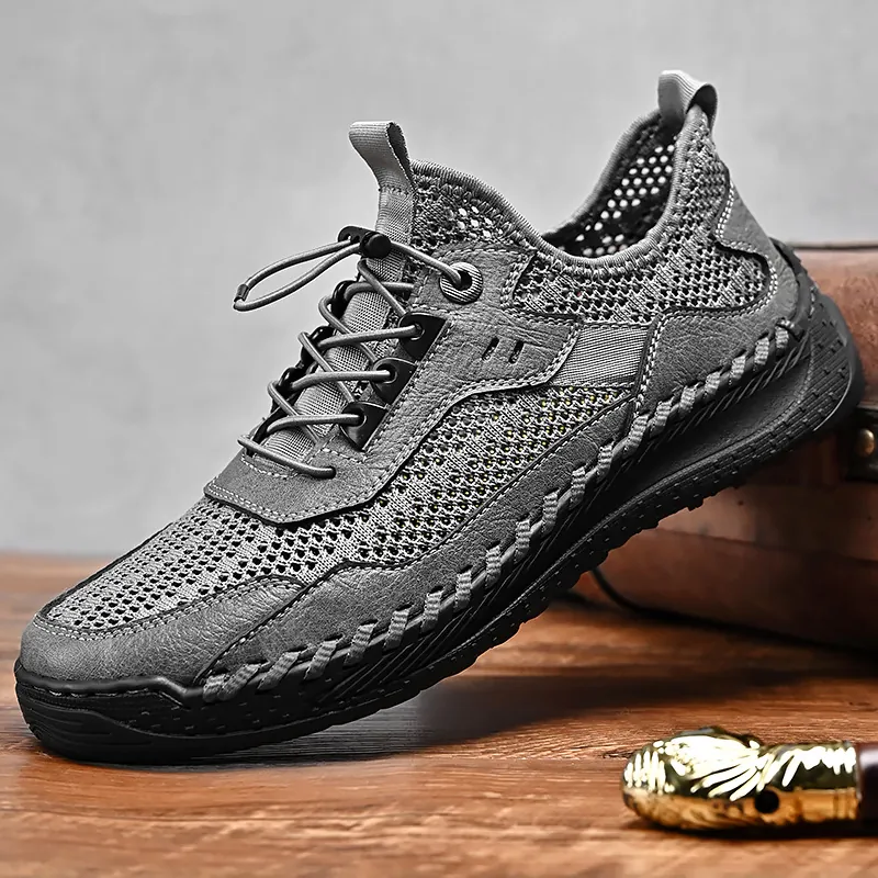 Heren Ademende Mesh Opengewerkte Vrijetijdsschoenen Zomer Rundleer Flyknit Outdoor Wandelen Waden Sneakers Voor Dagelijks Sportief Gebruik