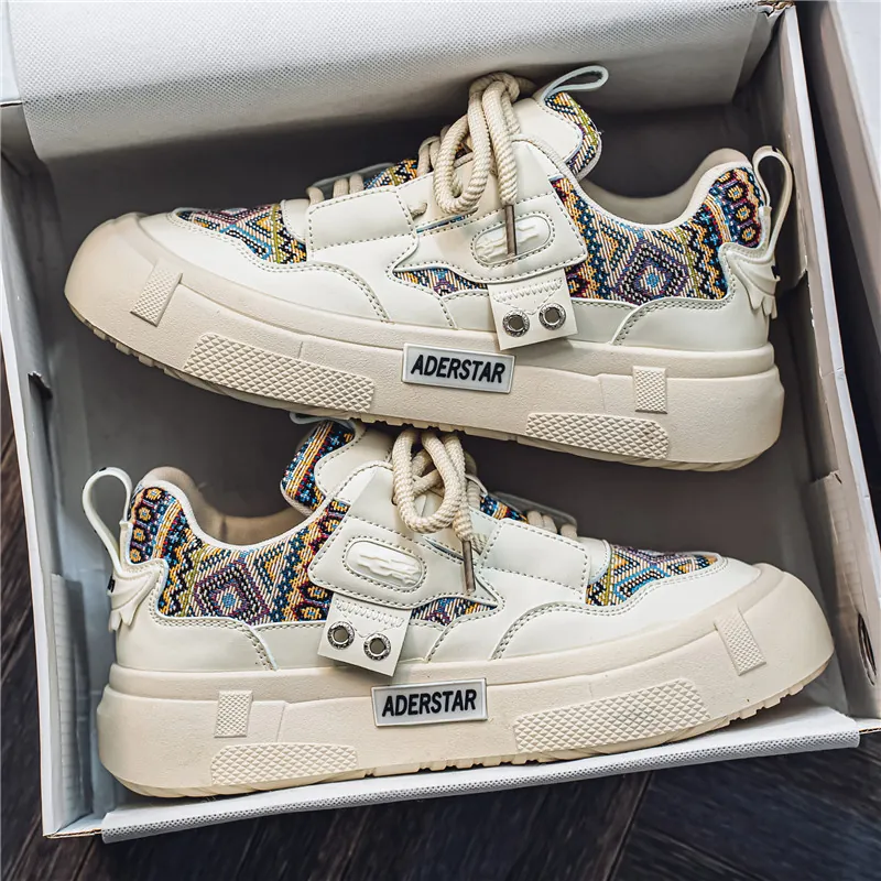 Heren Chunky Skateschoenen Hong Kong Stijl Microvezelleer Met Geometrisch Patroon Dikke Zool Ademende Sneakers
