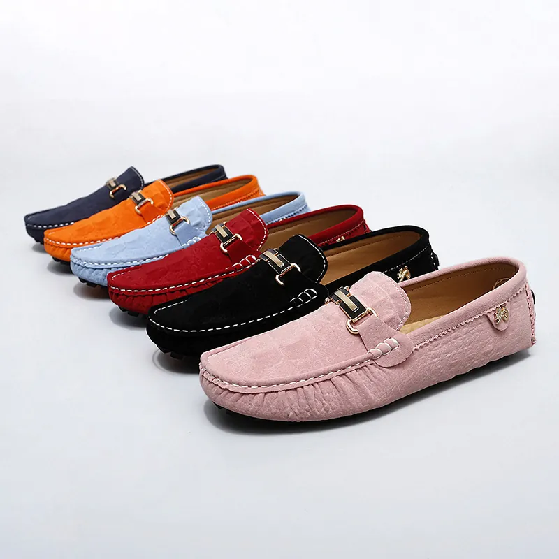 Mocassins Décontractés en Microfibre pour Hommes Confortables Respirants Chaussures de Conduite Couleur Unie Surpiqûres Contrastées Boucle en Métal