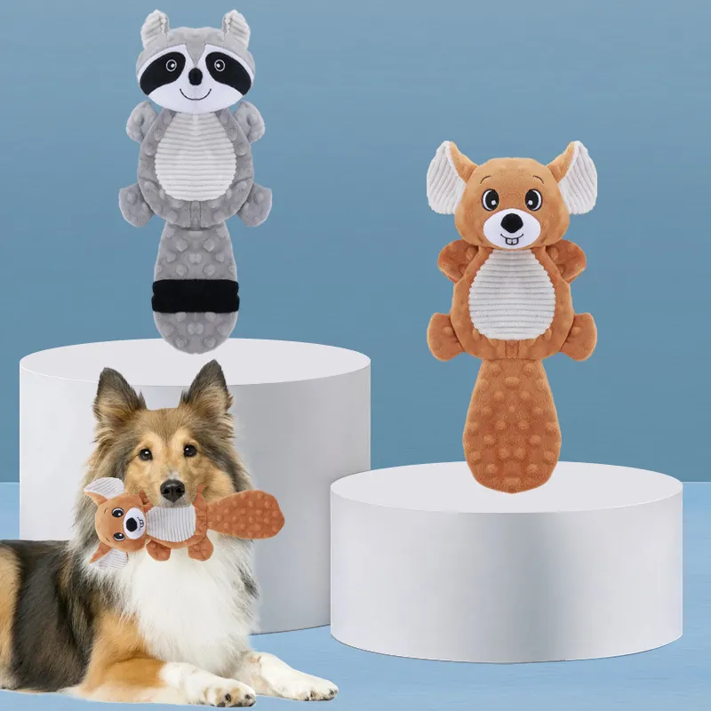 Squeaky Plush Dog Toy Bite Resistant Animal Shape Raccoon Squirrel Interactive Stuffed Pet Chew Toy for Small Medium Dogs