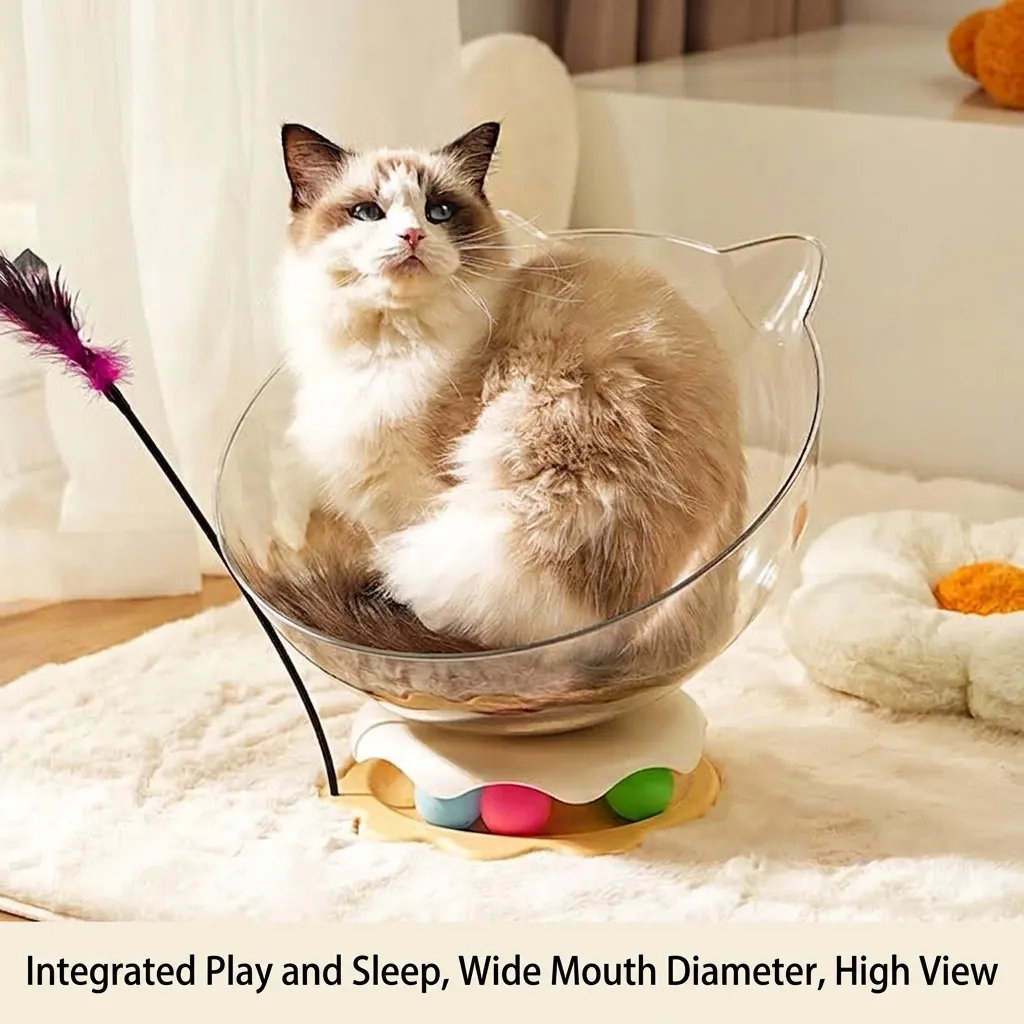 Transparent Space Capsule Cat Bed With Interactive Turntable Ball Toy And Feather Wand Modern Plastic Pet Habitat Indoor Cat Cave House