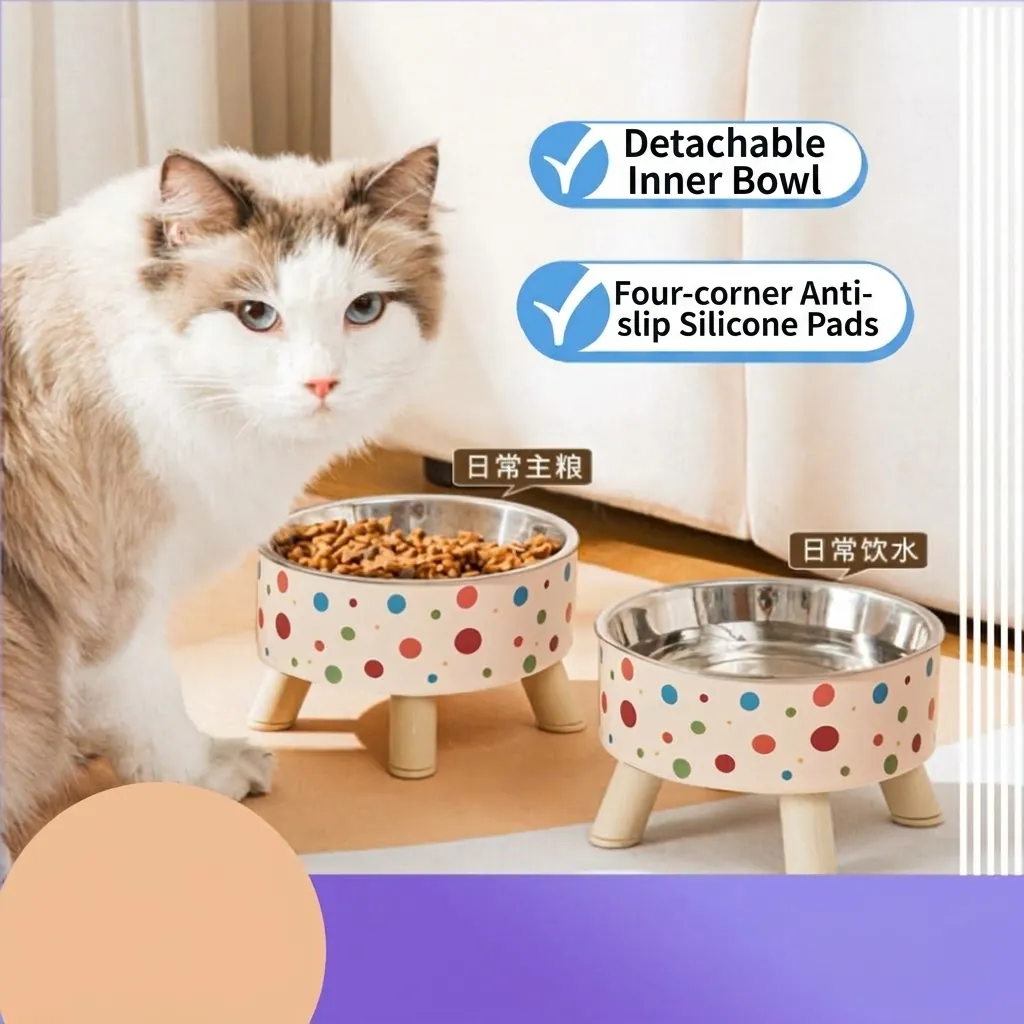 Elevated Pet Bowl Stainless Steel Neck Protection Anti-Tip Food Water Dish For Cats And Small Dogs Polka Dot Checkerboard Pattern