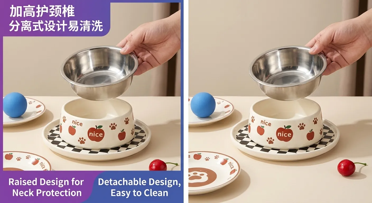 Cartoon Stainless Steel Elevated Pet Bowl For Cats Dogs Neck Protection Anti-Vomiting Detachable Large Diameter Water Food Feeding Bowl