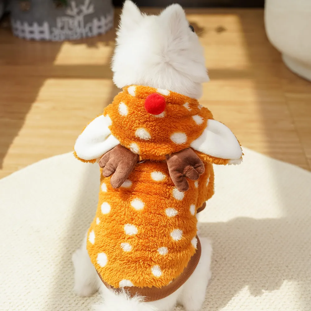Pet Dog Christmas Moose Cosplay Costume Orange Polka Dot Fleece Warm Hoodie For Puppy Cat Autumn Winter Pet Apparel