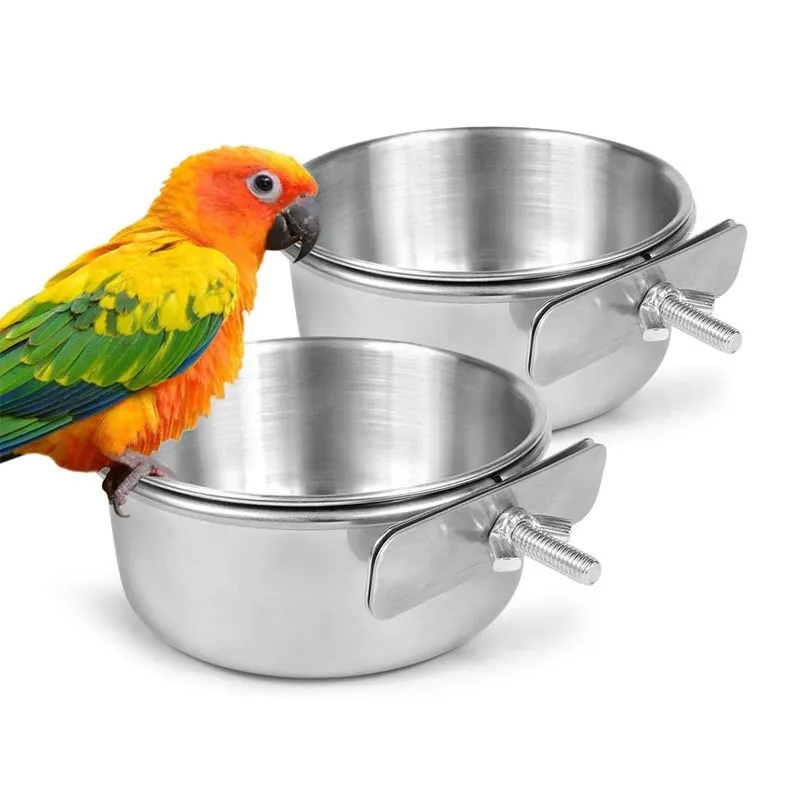 Stainless Steel Bird Feeding Cup Parrot Food Bowl Water Basin For Bird Cage With Clamp Bracket Mounting Hardware Supplies