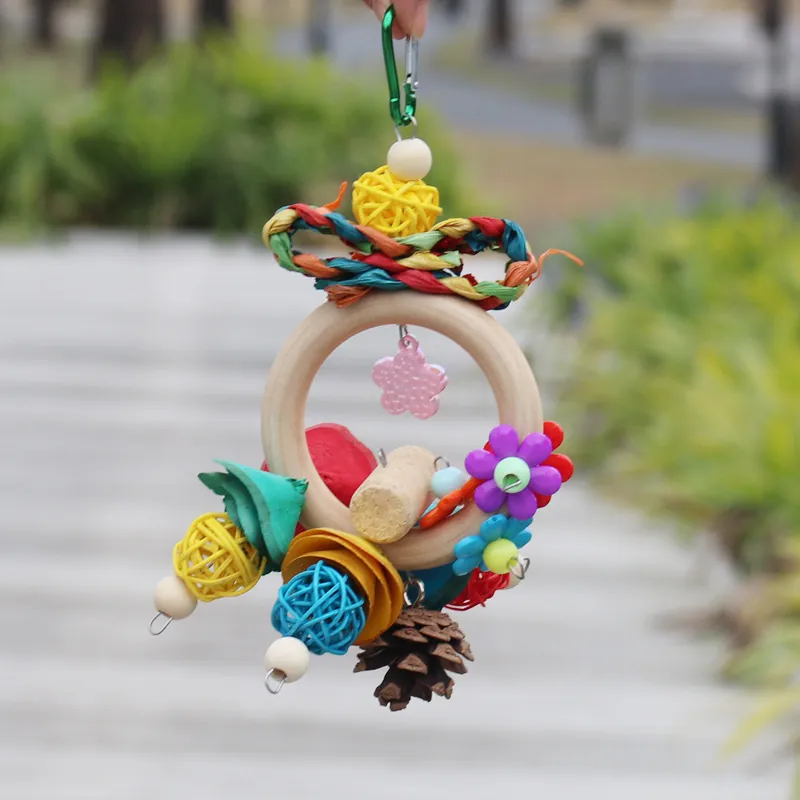 Natural Wooden Parrot Chew Toy with Vine Balls Pinecone Corn Husk for Cockatiel Monk Small Birds Cage Hanging Accessories