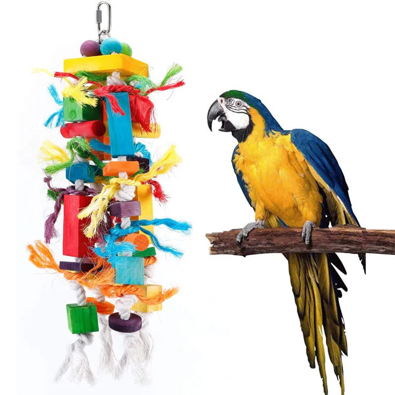 Multicolor Wood Parrot Bird Toy Colorful Wooden Blocks Cotton Rope Chewing Hanging Decor Toy For Large Medium Parrots Bird Cage Accessories