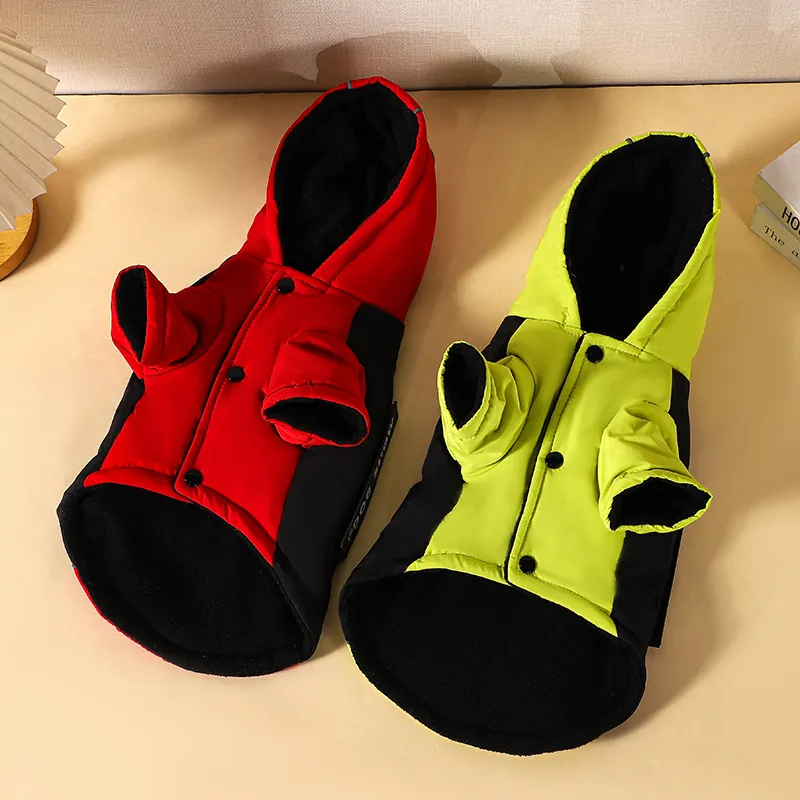 Thickened Hooded Pet Jacket For Small Dogs Windproof Dog Coat With Snap Buttons Outdoor Winter Dog Apparel Pocket Design