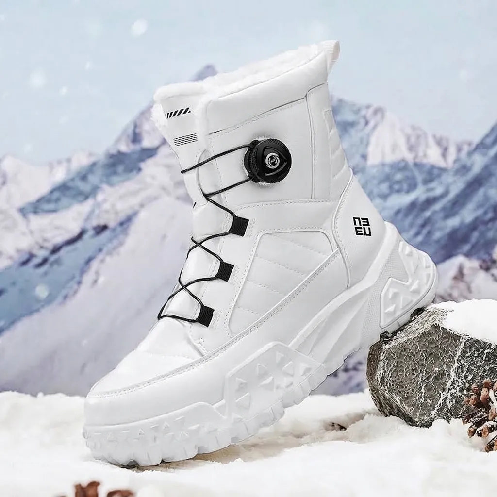 Men Winter Snow Boots Cow Suede Sheepskin Fur Integrated Warm High Top Outdoor Rotary Knob Buckle Non-Slip Rubber Sole Boots