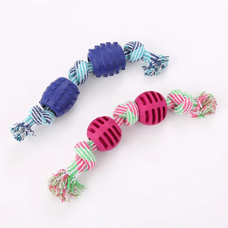Durable Braided Cotton Rope Pet Dog Chew Toy With TPR Dental Cleaning Balls Double Knot Design For Daily Interactive Play