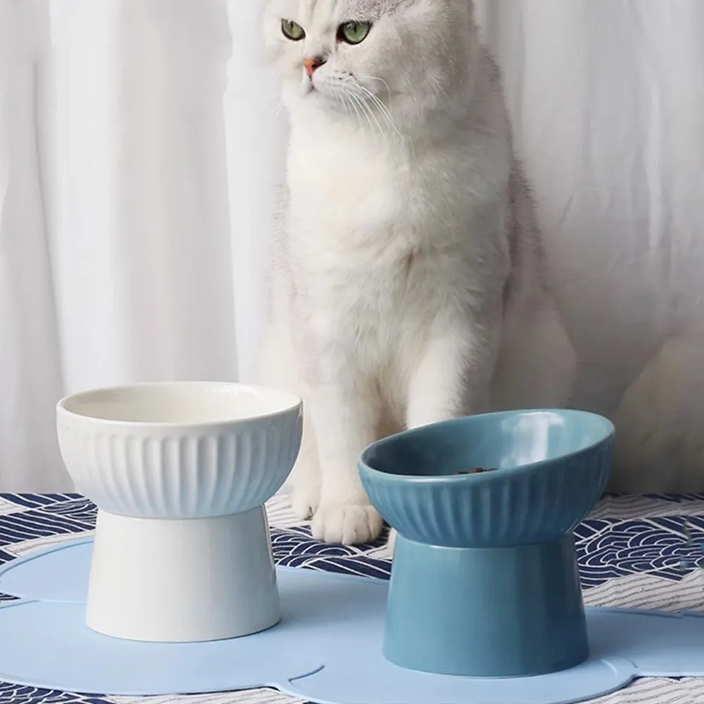 Gamelle en Céramique à Pied Haut pour Animaux de Compagnie Bouche Inclinée Anti-Basculement Protection des Cervicales pour Chats