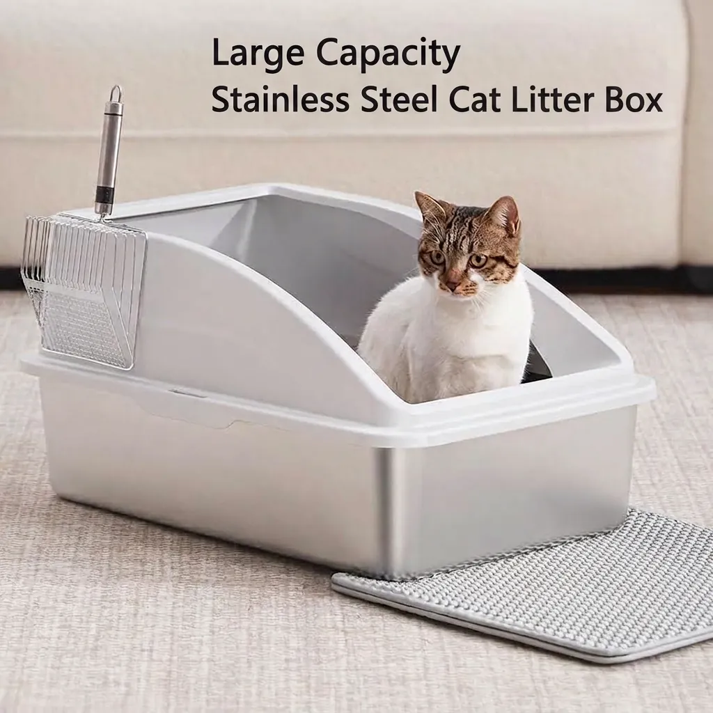Large Stainless Steel Cat Litter Box with High Splash Guard Semi-Enclosed Metal Litter Box for Cats Easy to Clean Durable Anti-Odor Kitty Toilet with Scoop and Mat Indoor Pet Accessories