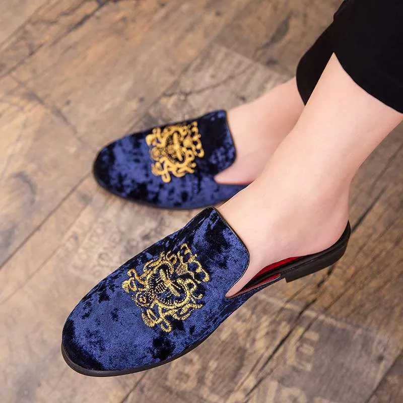 Men's Velvet Casual Closed Toe Slippers Metal Buckle Embroidery Flat Mules Summer Comfortable Slip On Shoes