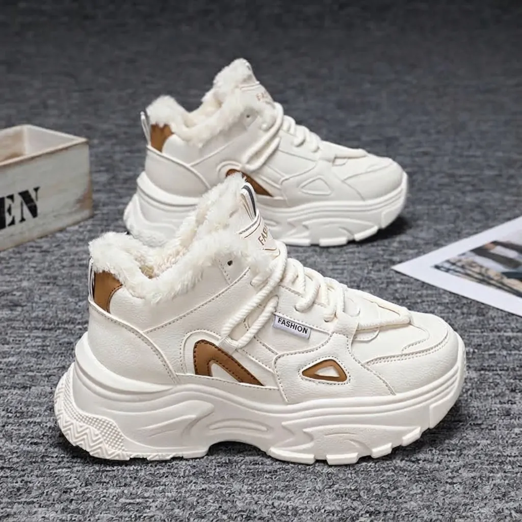 Chaussures en Coton Épaissies d'Hiver pour Femmes Baskets Blanches à Plateforme à la Mode Doublées de Fourrure Synthétique Chaude Chaussures Décontractées Antidérapantes 2025