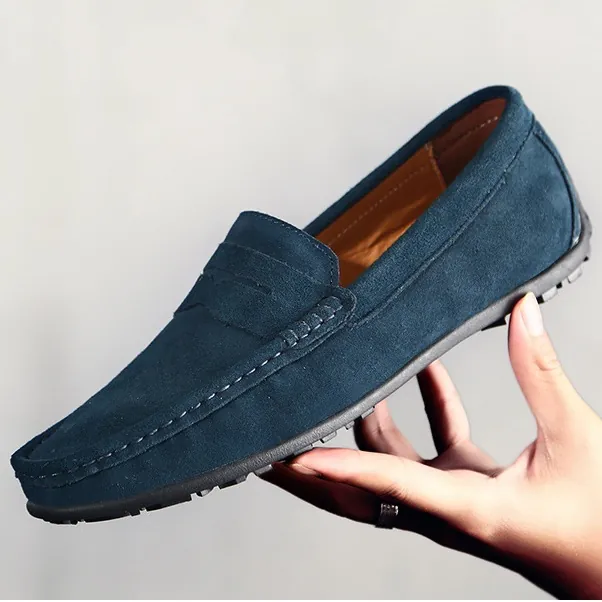 Mocassins en Daim pour Hommes Style Britannique Chaussures de Conduite Respirantes Plates Décontractées Doublure en Cuir