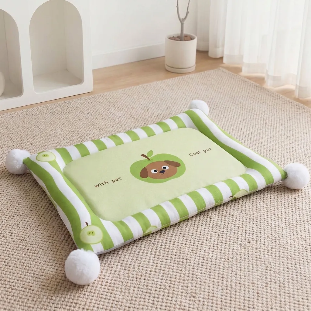 Cooling Pet Mat With Pom Poms Double Sided Dopamine Style Pet Sleeping Pad For Dogs And Cats Summer Chill Mat Washable Pet Bed