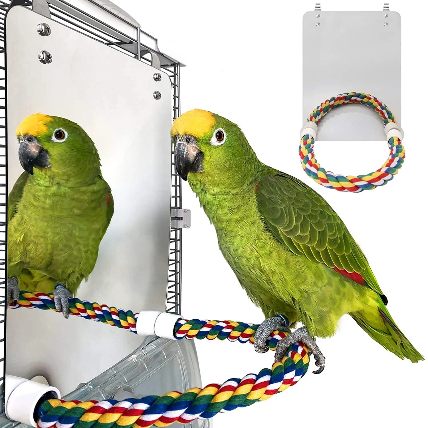 Parrot Bird Toy Mirror with Colorful Cotton Rope Perch Braided Chewing Stand for Small Medium Parakeet Cockatiel Cage Accessories