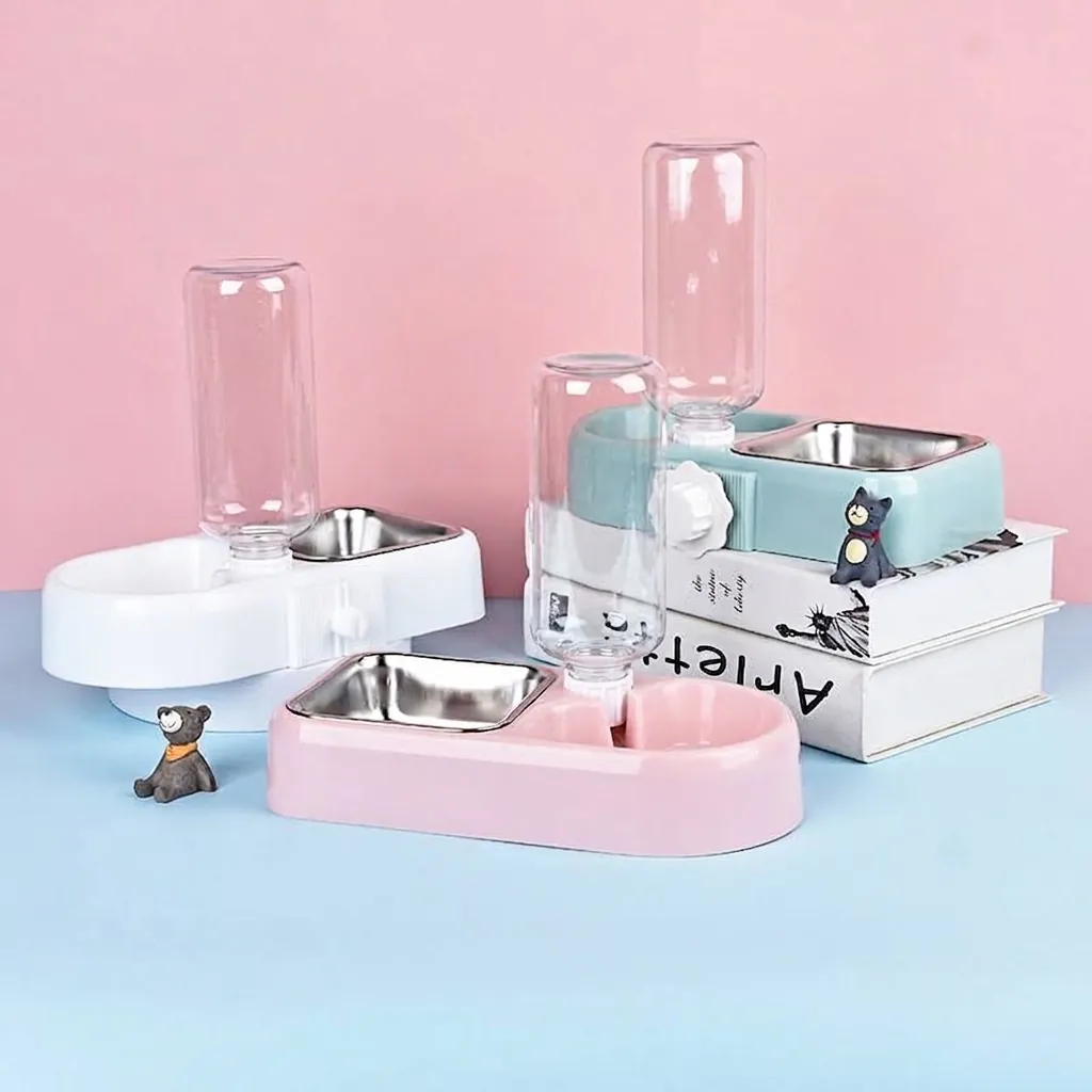 Set di Dispenser Automatico di Acqua e Ciotola per Cibo per Animali in Acciaio Inossidabile a Gabbia Doppia Ciotola per Cani e Gatti