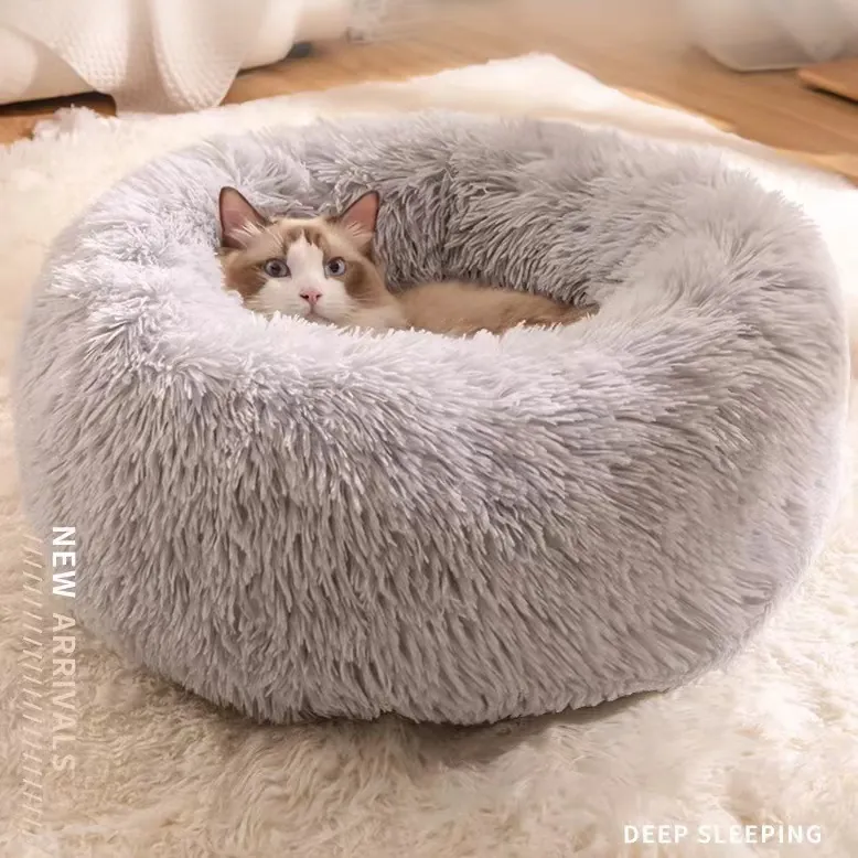 Lit Apaisant en Forme de Donut pour Chiens et Chats Rond Longue Peluche Lavable Hiver Chaud Moelleux Nid Tapis Confortable Doux Coussin pour Chiot