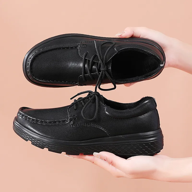 Scarpe da Infermiera Invernali da Donna in Vera Pelle di Vacchetta Foderate in Pile Calde Scarpe da Lavoro Antiscivolo Platform