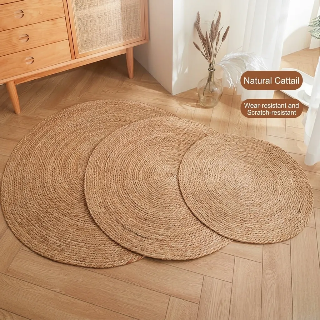Round Cattail Cat Scratcher Mat Durable Straw Woven Cat Bed Multi-functional Scratching Pad For Indoor Cats Furniture Protector