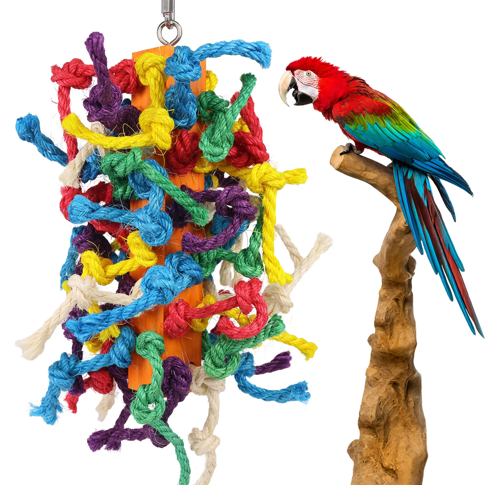 Colorful Parrot Chewing Toy With Natural Sisal Rope Solid Wood Block Hanging Bird Cage Toy For Medium Large Parrots Macaw Toys