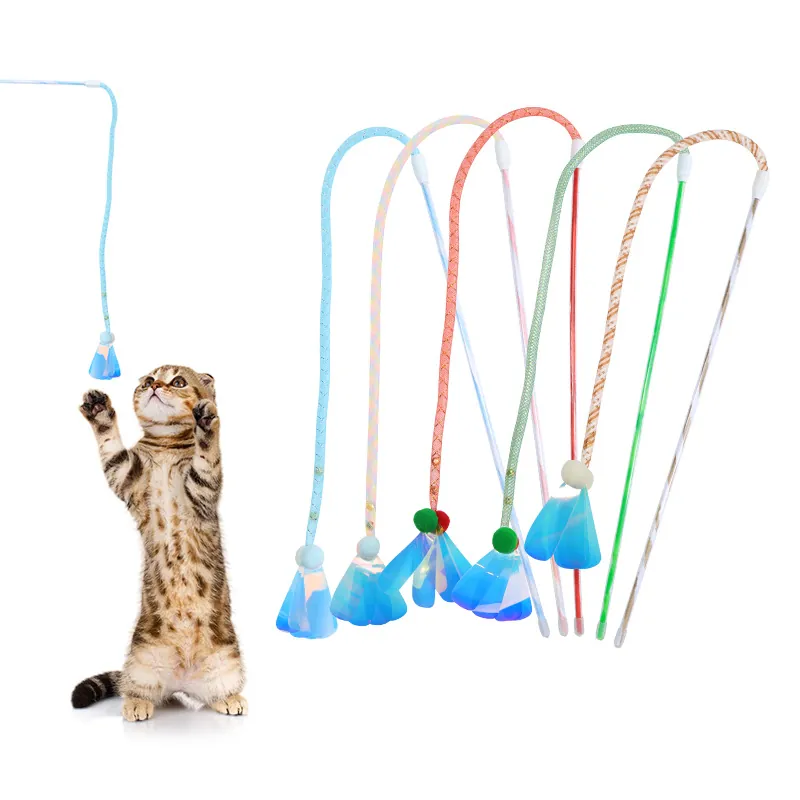 Interactive Nylon Mesh Tube Cat Teaser Stick With Internal Bell Durable PVC Handle Flexible Wand Toy For Indoor Cats Kittens Play