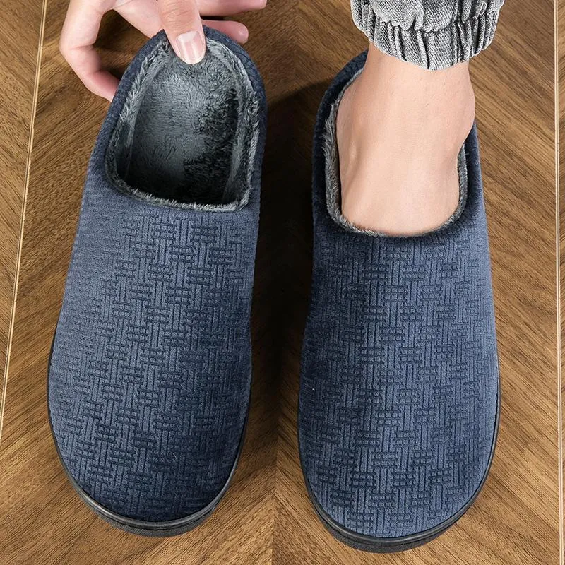 Unisex Woven Texture Indoor Cotton Slippers Plush Lined Warm Home Shoes Anti-Slip TPR Sole For Men Women Couples Plus Size