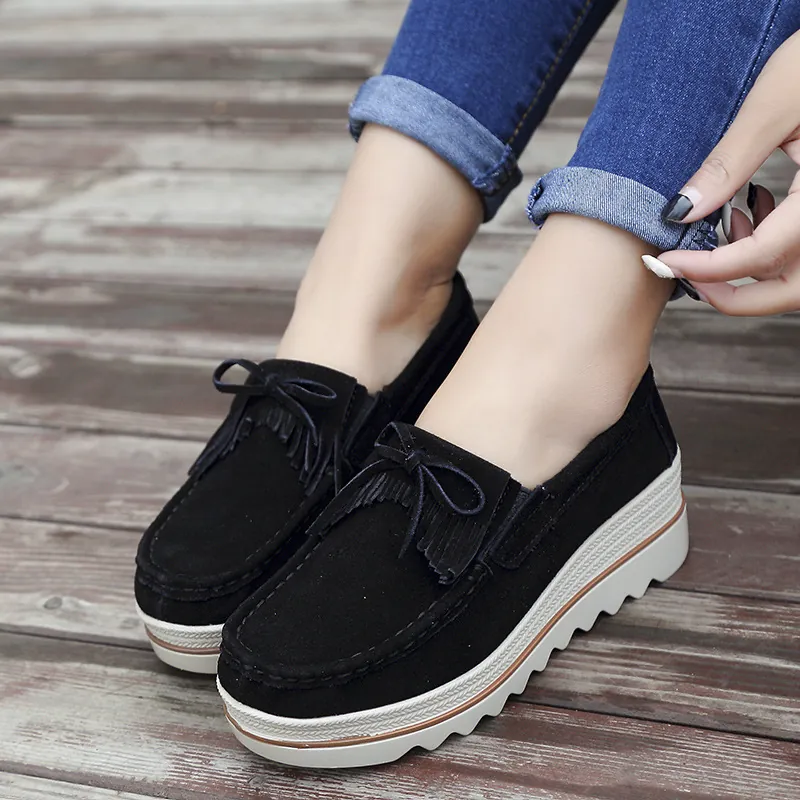 Damen Keilabsatz Plateauschuhe Wildleder Quaste Schleife Slip On Lässige Mokassins Komfortable Runde Zehe Damen Frühling Herbst Schuhe