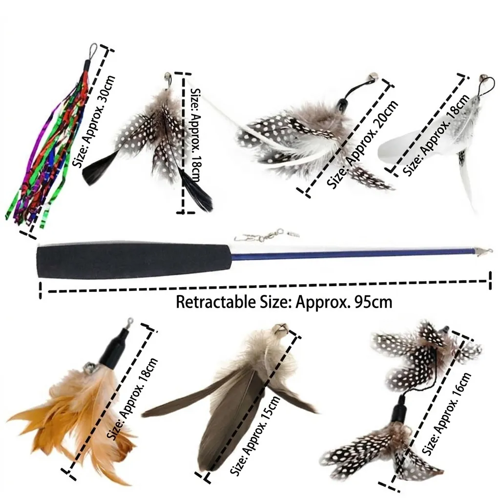 Retractable Cat Teaser Wand Set With Multiple Feather Replacement Heads Bell Interactive Fishing Pole Wand Toy For Kittens Cats Indoor Exercise