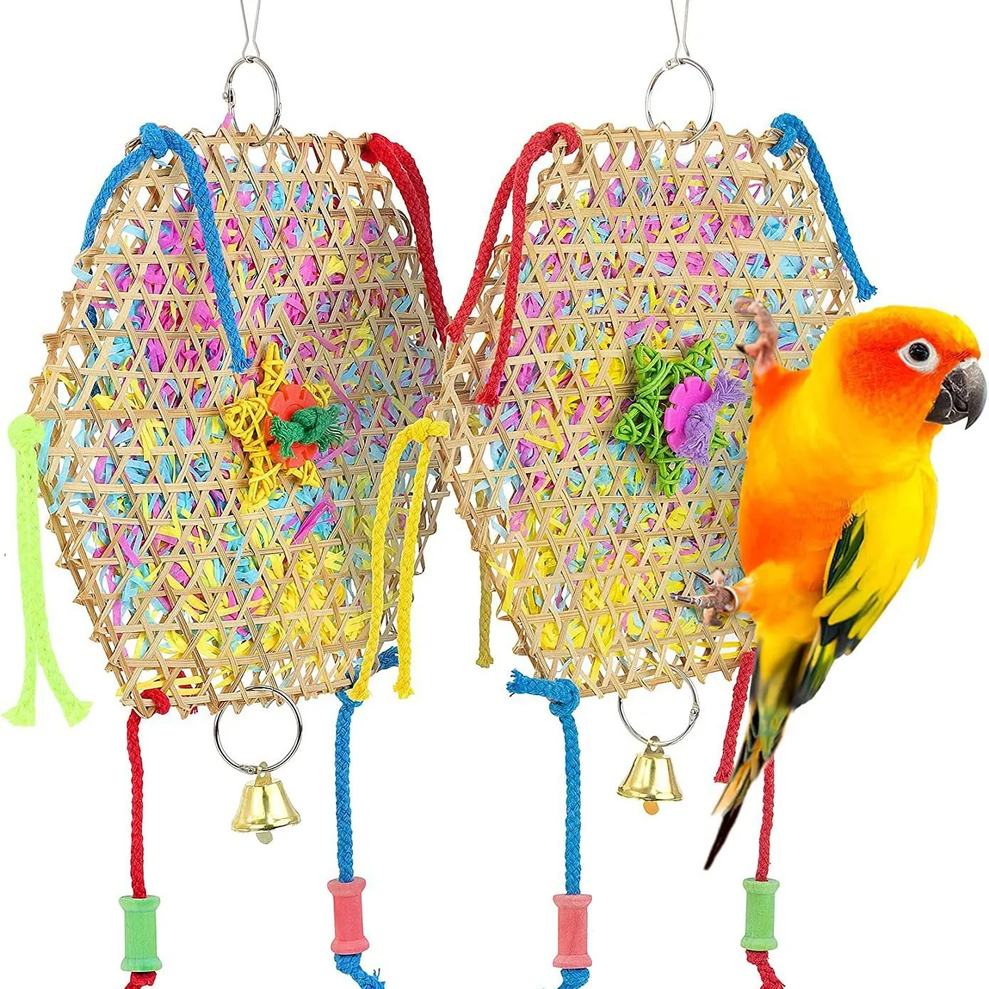 Hanging Bird Foraging Toy Bamboo Woven Shredded Paper Shredder Toy For Small Medium Parrots Cockatiels With Bell Colorful Bird Cage Accessories