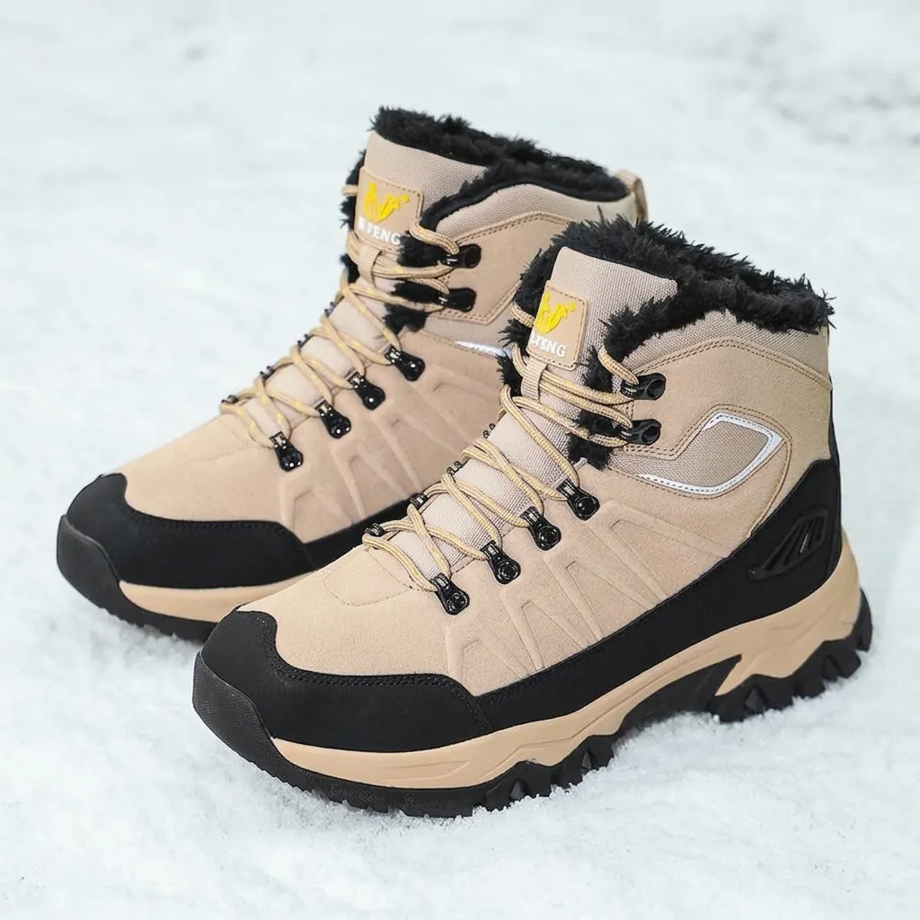 Men High Top Outdoor Hiking Boots Cow Suede Warm Artificial Plush Winter Snow Boots Anti Slip Casual Sports Shoes Beige