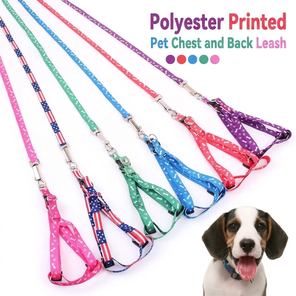 Adjustable Polyester Printed Pet Harness And Leash Set For Cats Small Dogs Bone Paw Pattern Walking Traction Lead Rope