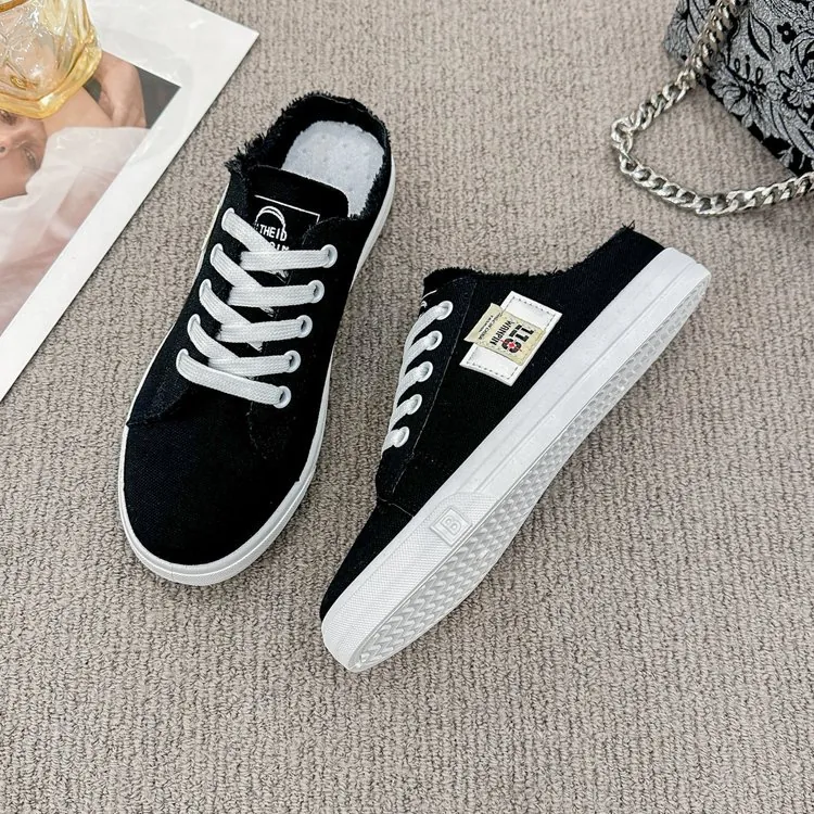 Zapatillas Mule de Lona para Mujer Borde Deshilachado Sin Cordones Zapatos Casuales de Board Con Cordones Punta Redonda Zapatillas Planas Calzado de Moda