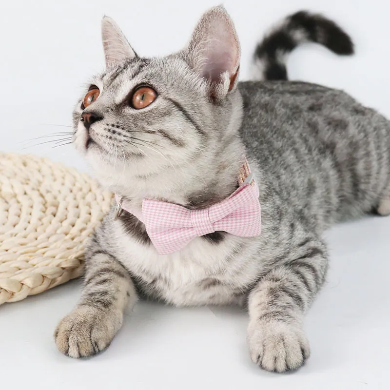 Adjustable Plaid Bow Tie Pet Collar For Cats Small Dogs Houndstooth Pattern Kitten Necklace With Safety Buckle Pet Accessories