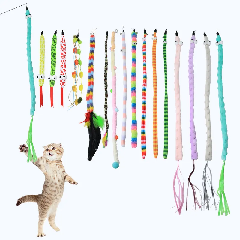 Plush Cat Teaser Wand Replacement Head Caterpillar Snake Tassel Feather Interactive Pet Toy With Bell Indoor Cat Accessories