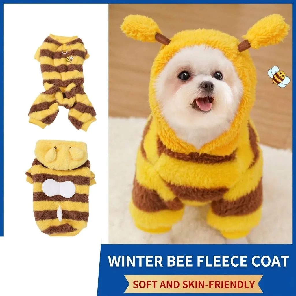 Winter Thickened Fleece Dog Bee Clothes With Traction D-Ring Warm Striped Pet Jumpsuit Hoodie For Small Dogs Puppy