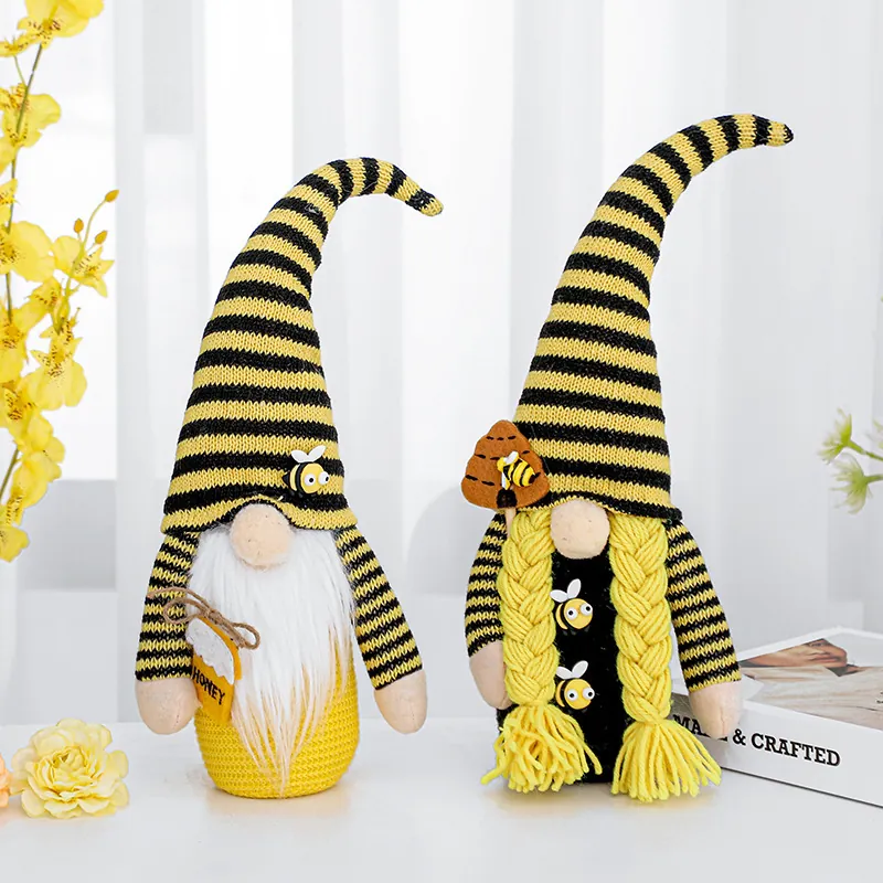 Bee Day Gnome Plush Decorations Handmade Knitted Faceless Doll Yellow Black Striped Honey Bee Gnomes Home Decor Ornaments